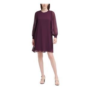 CALVIN KLEIN Womens Purple Lined Back Tie-cuffs Balloon Sleeve Dress Petites 0P